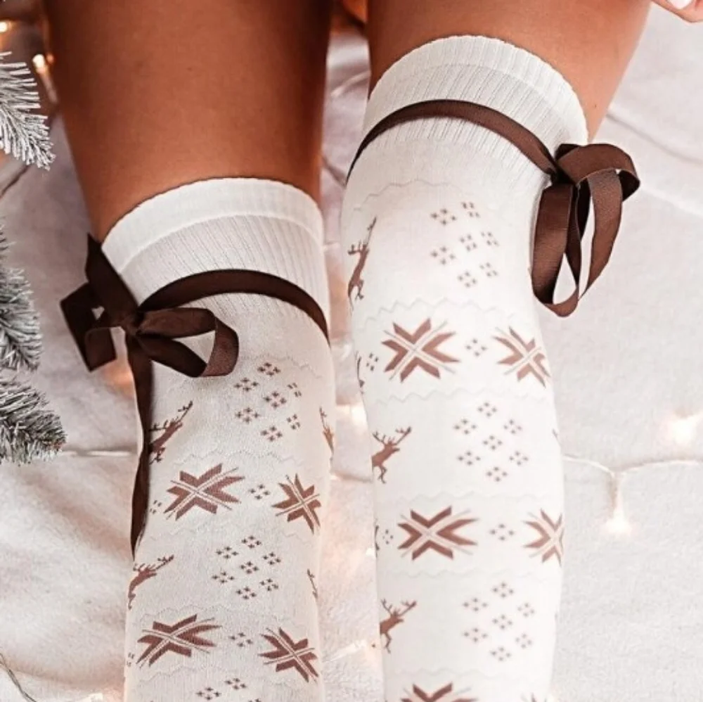Tall Reindeer Fair Isle Over-the-knee Socks Long Ribbon Bow Stocking Holiday